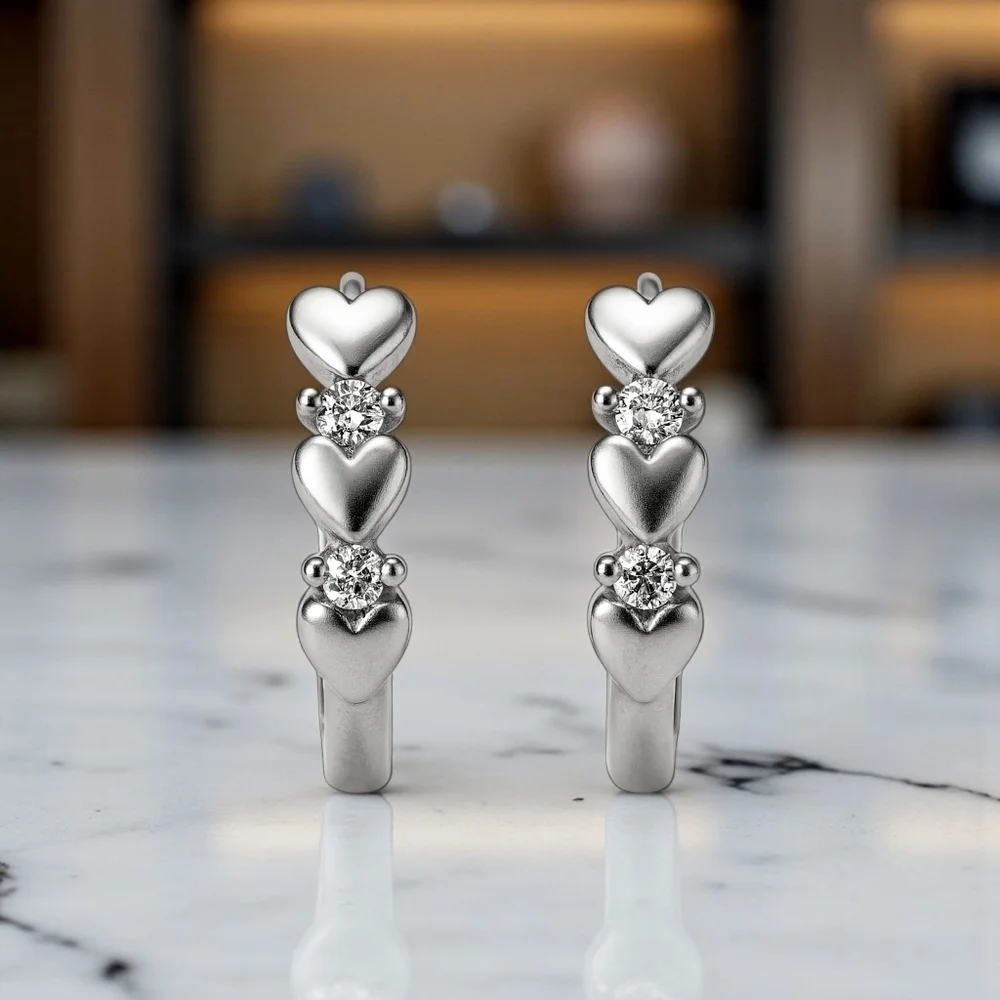 Minimalist Hoop Heart Earrings S925 Sterling Silver Dainty Zirconia Gift